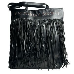 Victoria's Secret Fringed Faux Vegan Leather Black Tote Travel Bag Purse